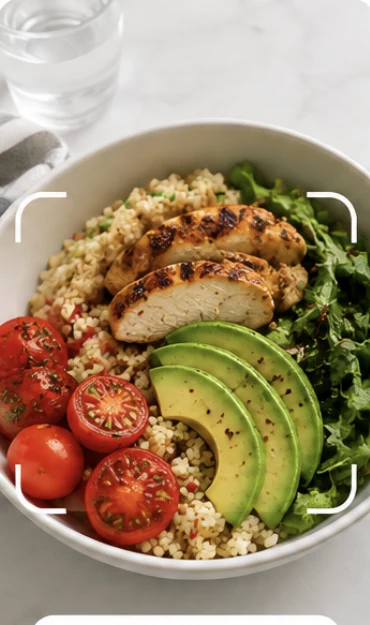 Bowl of grilled chicken, quinoa and avocado being scanned